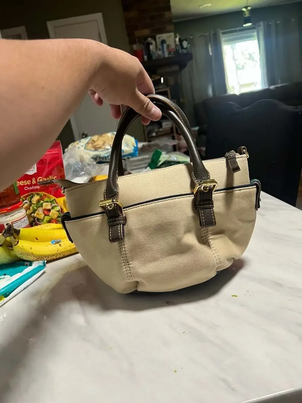 Tommy Hilfiger Beige Canvas Satchel Handbag with Brown Trim and Logo Plate